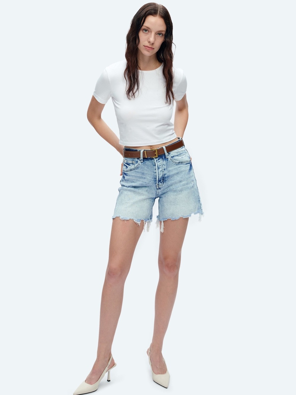 NWT Bayeas Classic Light Wash Denim Cutoff Shorts high waisted Blue 5” inseam M